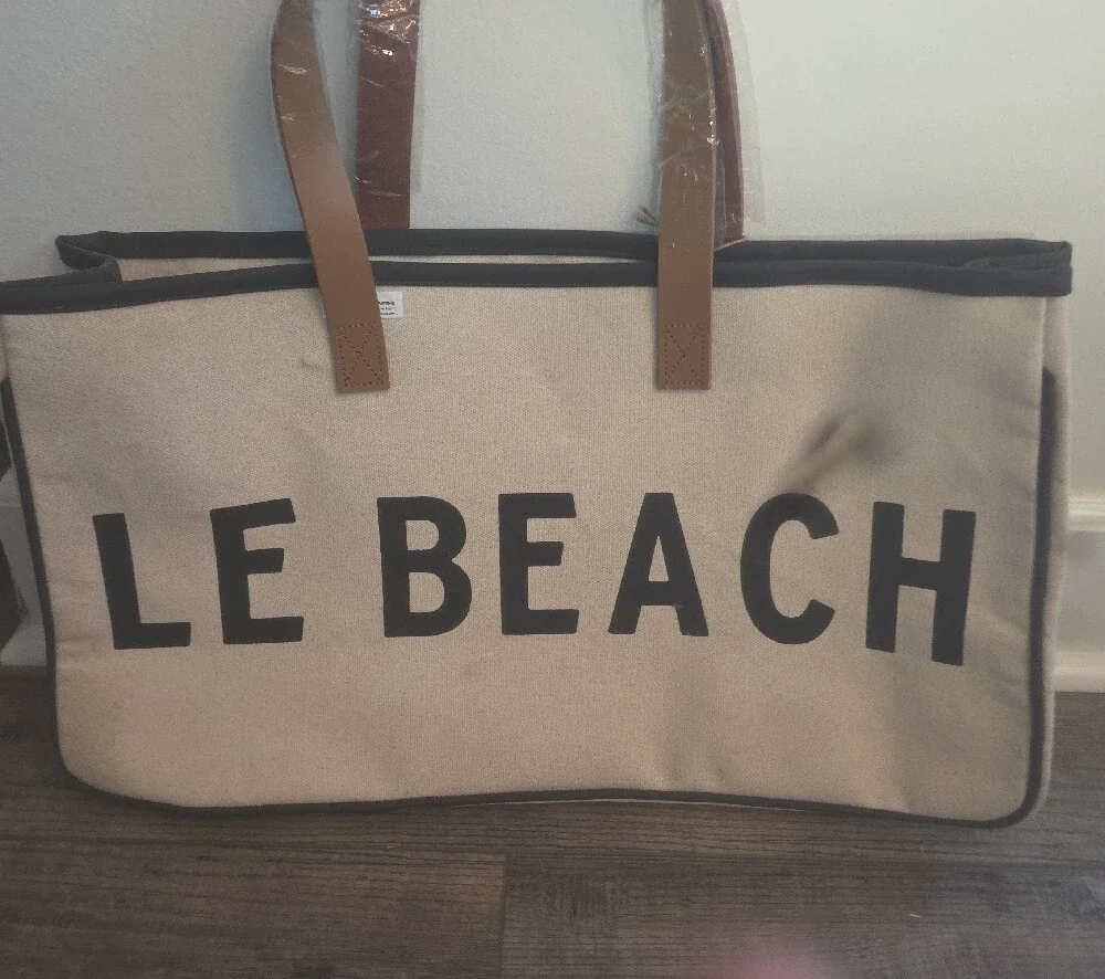 Canvas Carry Tote Bag with Leather Handles - Beige/Black